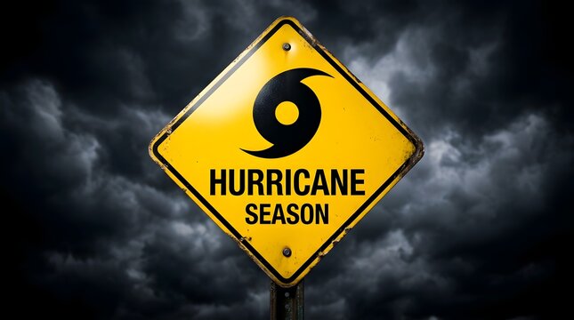 Close up of yellow hurricane season alert sign against dramatic dark stormy sky representing extreme weather threat