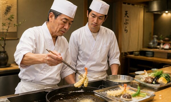 天ぷらを揚げながら若手に技術を教える日本人男性職人・和食の調理技術継承
