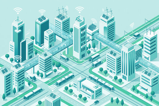 Isometric smart city with solar panels, wind turbines and connected buildings