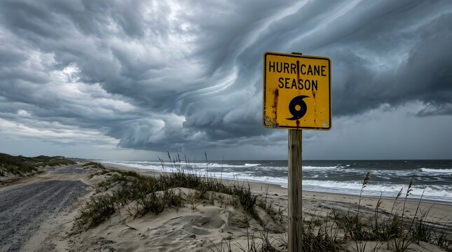 Weathered hurricane season hazard sign by coastal dirt road with turbulent ocean and ominous storm clouds