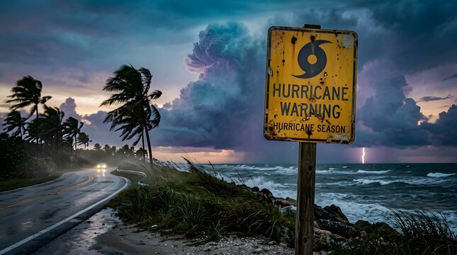 Hurricane warning season sign on coastal road during severe thunderstorm with lightning striking over ocean