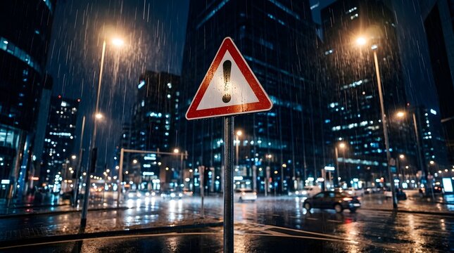 Red triangular exclamation hazard warning sign reflecting on wet city street during heavy night rainstorm
