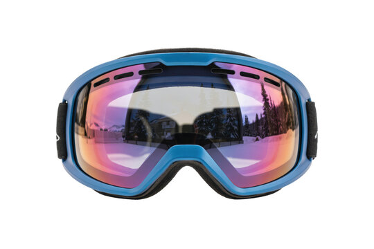 Blue ski goggles with reflective pink lens showing a winter mountain landscape reflection isolated on a transparent background