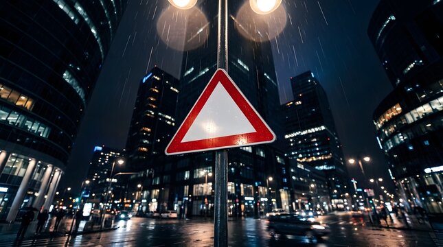 Blank red triangle warning sign illuminated by streetlamp on rainy city street at night with glowing buildings