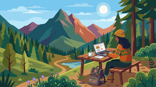 Beautiful nature remote workspace illustrations vector depicting a female digital nomad working on a laptop at a wooden table outdoors with scenic mountain and forest landscapes.