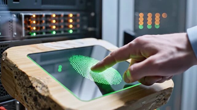 Hand touching tablet in data center with wooden holder
