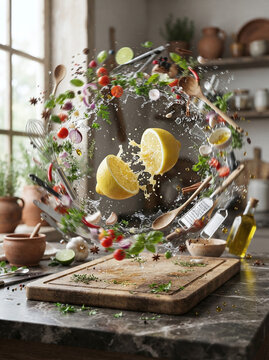 Sliced lemon with splashing juice and flying herbs spices kitchen utensils floating above wooden cutting board