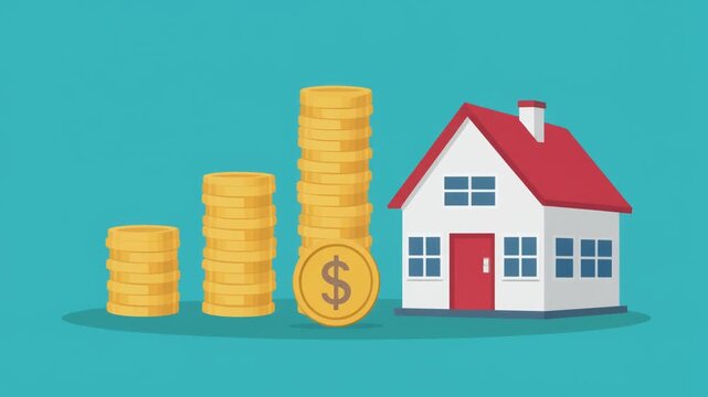 Flat house illustration with gold coins for real estate investment and mortgage planning concept
