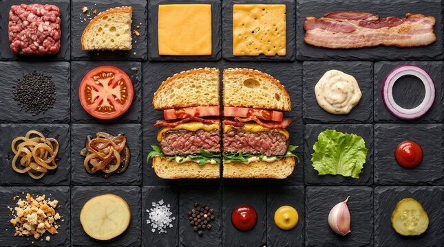 Deconstructed Gourmet Burger Ingredients Flat Lay, Burger Components and Layered Cheeseburger Assembly, Food Texture and Culinary Product Photography