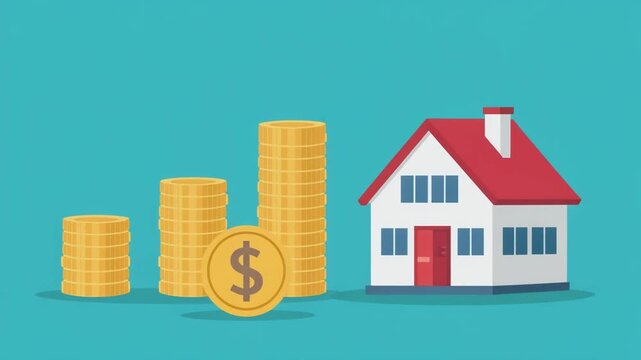 Flat design animation of gold dollar coin stacks and house icon for real estate investment and mortgage savings concept.