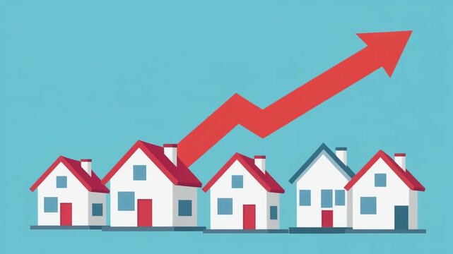 Minimalist 2D house animation with red roofs on blue background for real estate concepts and suburban housing marketing.