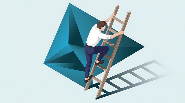 Isometric businessman climbing a wooden ladder toward a large blue abstract geometric shape