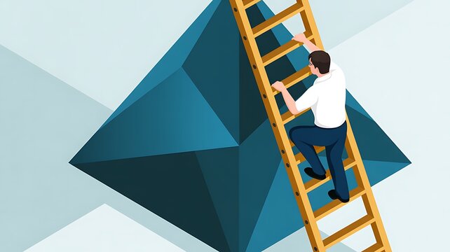 Businessman Climbing Ladder Up Geometric Mountain Toward Success