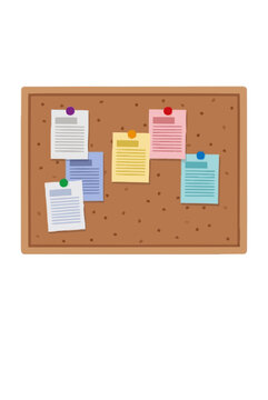 Framed cork noticeboard with colorful paper memos pinned with round push pins, flat vector illustration on a white background
