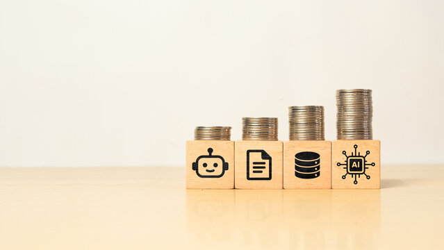 Rising coin stacks above wooden blocks with chatbot, document, database and AI chip icons, representing AI-driven business growth, automation, data and digital transformation.