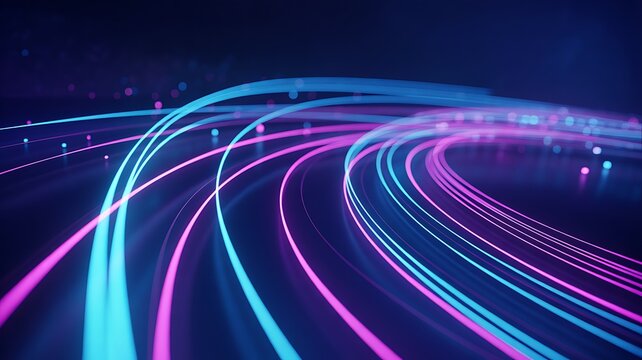 Curved Neon Light Trails Streaming Across Dark Digital Background