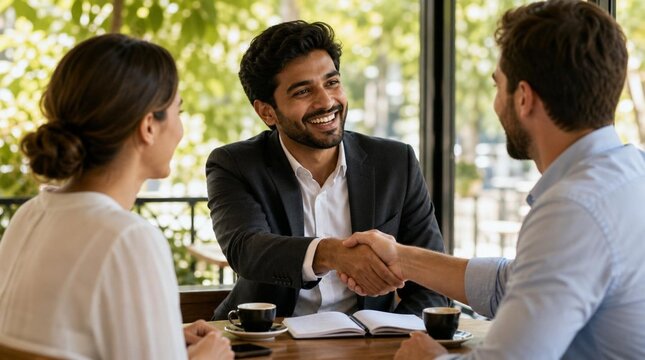 A confident young South Asian businessman in a charcoal suit shaking hands with a male colleague at a sunlit cafe table, smiling warmly during a successful professional meeting or interview.