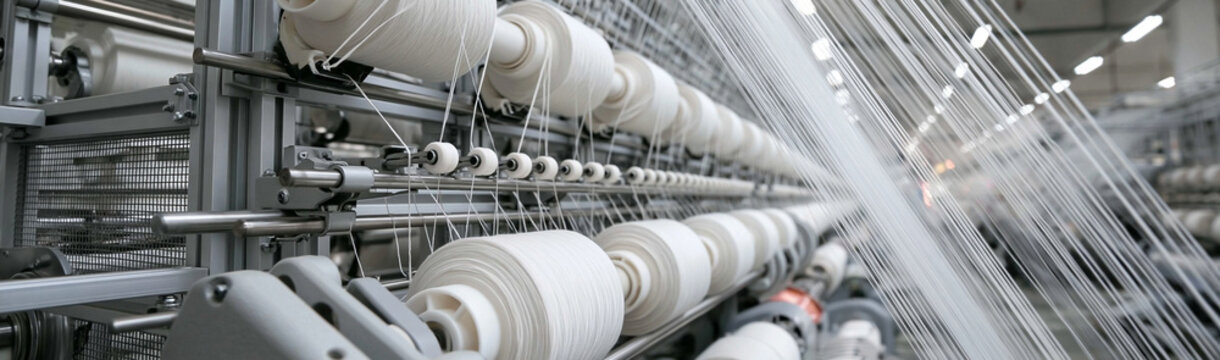 Textile Factory Yarn Production: Rows of white yarn spools on industrial machinery in a modern textile factory, illustrating efficient manufacturing and textile production.