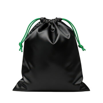 Black velvet drawstring pouch bag with green strings isolated on transparent background