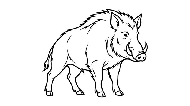 Minimalist black and white vector line art illustration of a wild boar standing in side profile, featuring detailed tusks, bristly fur texture, and realistic animal anatomy on white.