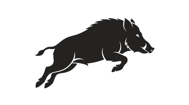 Black silhouette of a leaping wild boar isolated on white. Powerful forest hog mascot with visible tusks in mid-air jump. Dynamic wildlife animal vector for hunting or sports logo.