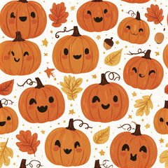Fototapeta premium Cute pumpkin patch seamless pattern with smiling jack o lanterns, autumn leaves, acorns, and stars creating joyful fall