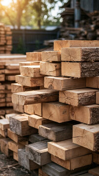Timber Stacked for Industry: A close-up view of neatly stacked lumber, showing the raw texture and natural grain of wood, ready for construction and manufacturing.