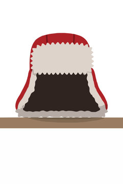 Red winter trapper hat with white fluffy fur trim resting on a wooden shelf, flat vector illustration on a white background