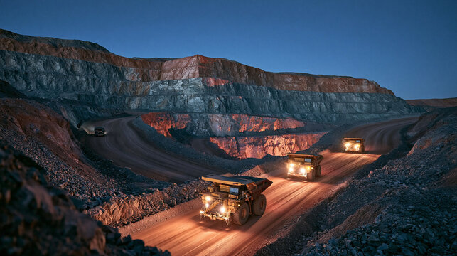 Mining Operation at Dusk: Huge dump trucks illuminate a dirt road leading through a vast open-pit mine, with layers of rock formations glowing in the twilight.