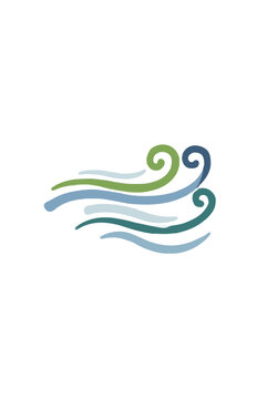 Stylized gust of wind icon with curling green and blue breezy swirl lines, flat vector illustration on a white background