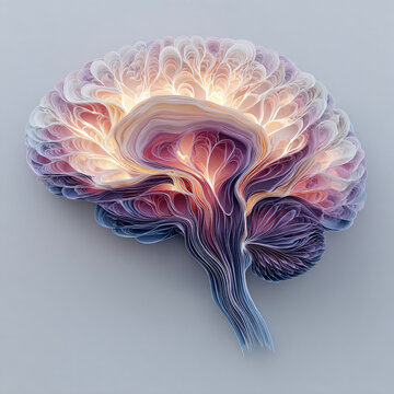 Human brain layered paper cut illustration with glowing light conceptual artificial intelligence art