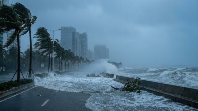 Severe tropical storm brings massive ocean waves flooding coastal city street during hurricane.