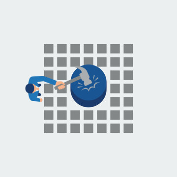Businessman breaking square peg in round hole concept - vector illustration