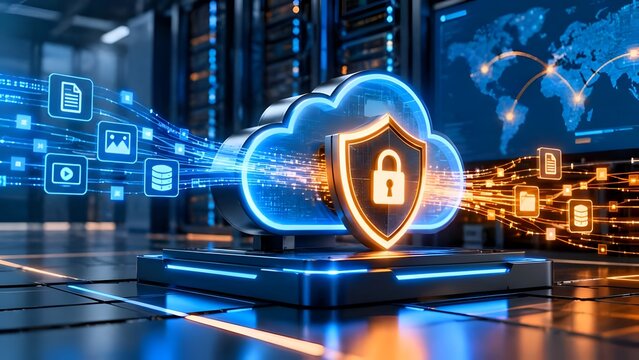 Futuristic 3D cloud computing security shield with glowing data stream transfer and global network connectivity in server room.