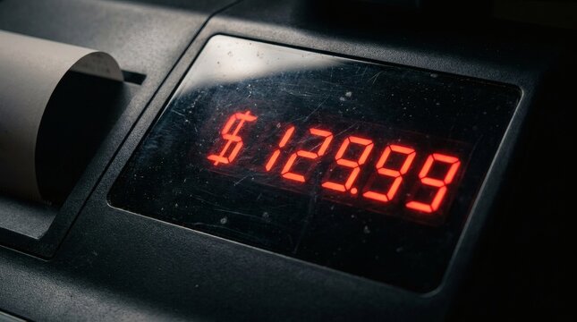 Close-up of Cash Register Digital Display Showing Price $129.99