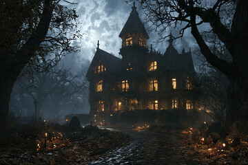 Obraz premium Dark gothic mansion on Halloween night with glowing amber windows and eerie atmosphere under cloudy moonlight