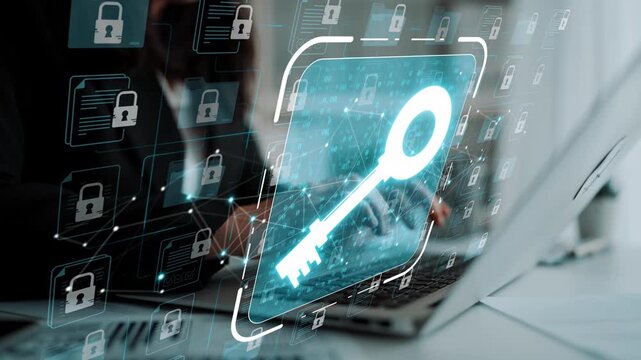 Digital Security Concept with Key Illustration and Abstract Lock Icons on a Modern Laptop Screen in a Contemporary Workspace Setting Sigmoid