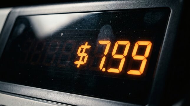 Digital display showing "$7.99" price, possibly at a gas pump, symbolizing high costs and inflation.
