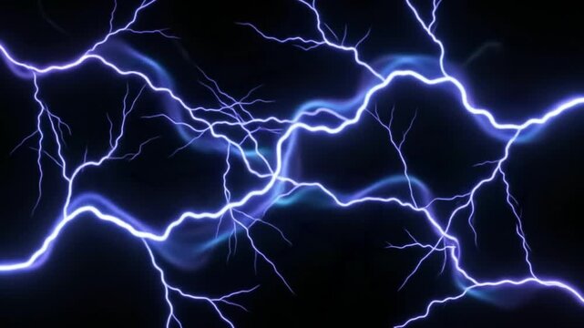 Electrical blue lightning arcs discharging across a black background, powerful plasma energy sparks and fractal light bolts motion graphic.