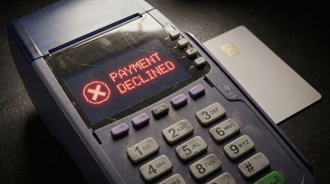 Payment terminal displaying 'PAYMENT DECLINED' with a red error icon on a worn screen, indicating a failed transaction.