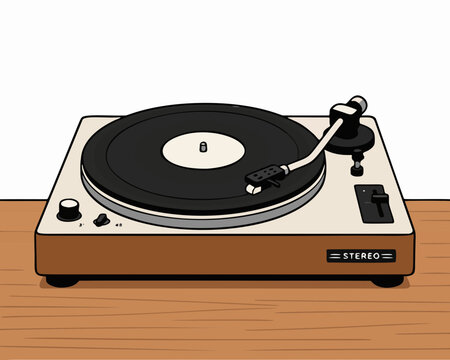 doodle illustration of vintage turntable with spinning vinyl record &mdash; analog music