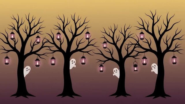 Bare Tree Silhouettes with Glowing Lanterns and Peeking Ghosts
