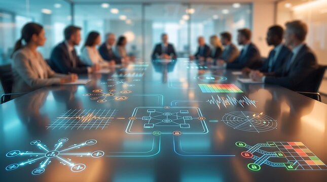Business team in professional boardroom meeting interacting with holographic cybersecurity interface on glass table featuring lock icons and network security data visualization