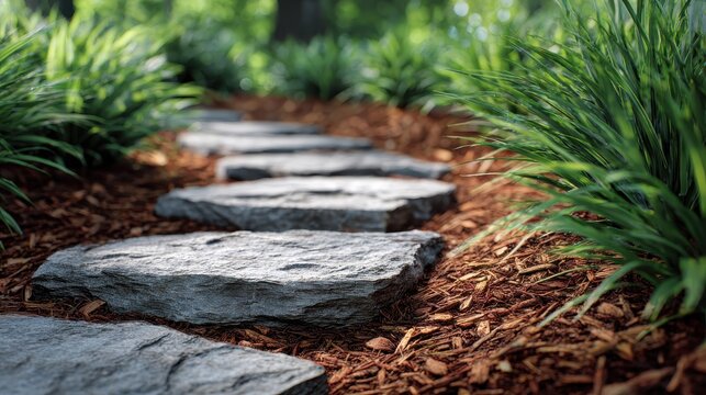Natural stone stepping path winding through a lush garden with bark mulch and green plants. Great for landscape design and backyard landscaping.