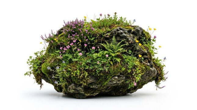 isolated natural mossy rock with colorful wild vegetation on white