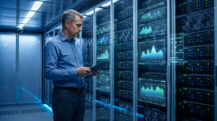 Fototapeta premium IT professional checking server data in a modern data center.