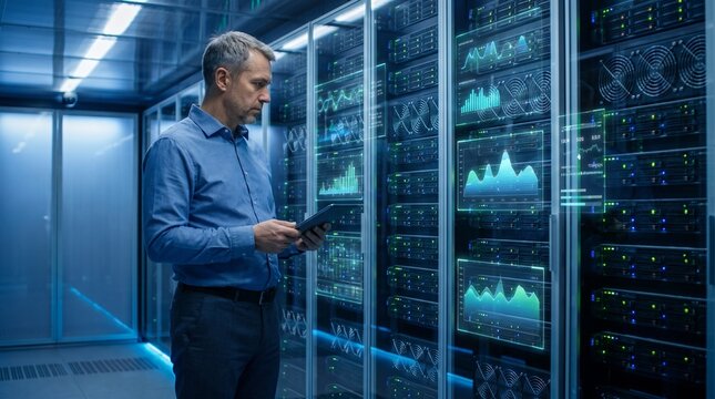 IT professional checking server data in a modern data center.