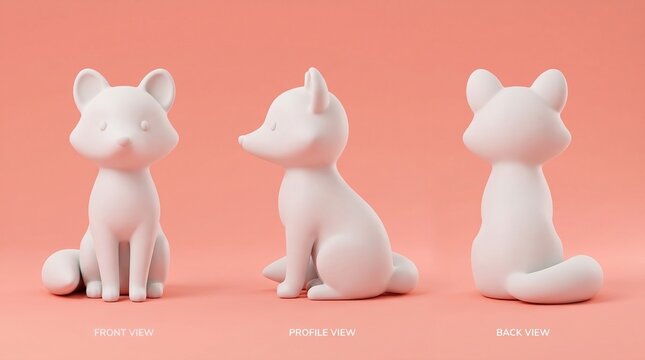 Fox character 3D turnaround on coral background. Front, side, back view alert animal model mockup