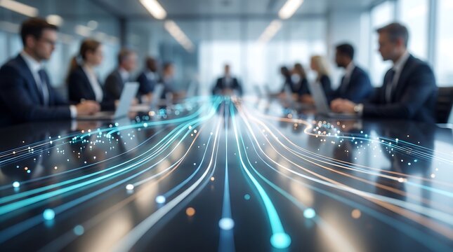 Business professionals in modern boardroom viewing glowing data stream connectivity lines projected on table surface representing digital infrastructure and networking technology concept