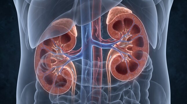 Highly detailed 3D medical visualization of the human kidneys showing the renal cortex, medulla, collecting system, renal vessels, and ureters, ideal for nephrology, urology, anatomy education, kidney